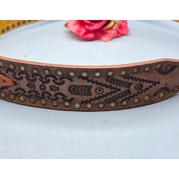 Handcrafted Leather Tooled Studded Western Belt Men's 36 Inch Custom Needs Holes - Picture 5 of 6